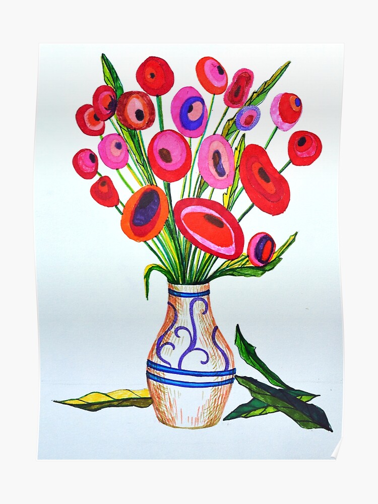 Fleurs Rouges Simples Dans Un Vase Dessin Réalisé Avec Des Marqueurs Poster