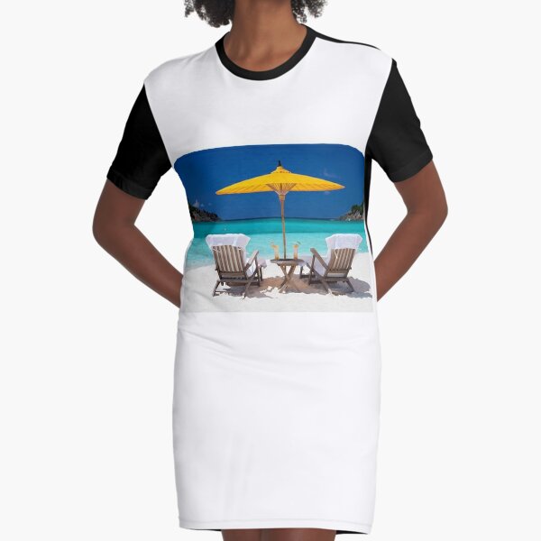 Sunbeds and yellow umbrella Graphic T-Shirt Dress