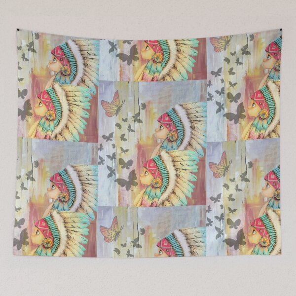 Item preview, Two cute tribal baby girls with beautiful headdresses gazing at butterflies  designed and sold by Arteartz.