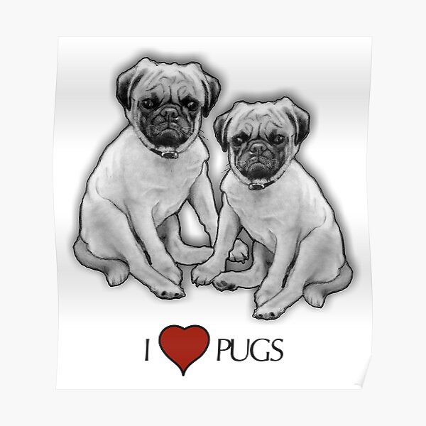 Poster I Love Pugs Dibujo A Lapiz De Dos Perros Pug De Joyce Redbubble
