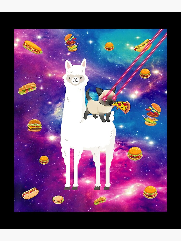 Disover Laser Eye Cats in Space Llama Cat Eating Pizza and Burger Premium Matte Vertical Poster
