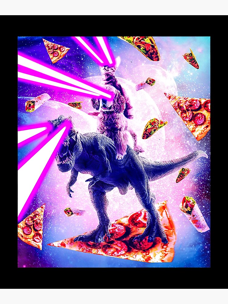 Disover Laser Eyes Space Cat Riding Dog And Dinosaur Premium Matte Vertical Poster