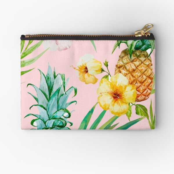 Hawaii | Vintage Tropical Botanical Jungle | Floral Watercolor Blush Pastel Pineapple Palm Painting Zipper Pouch