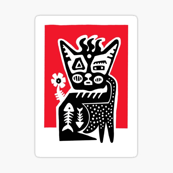 Katzen Illustration mit Blume und Fisch Sticker