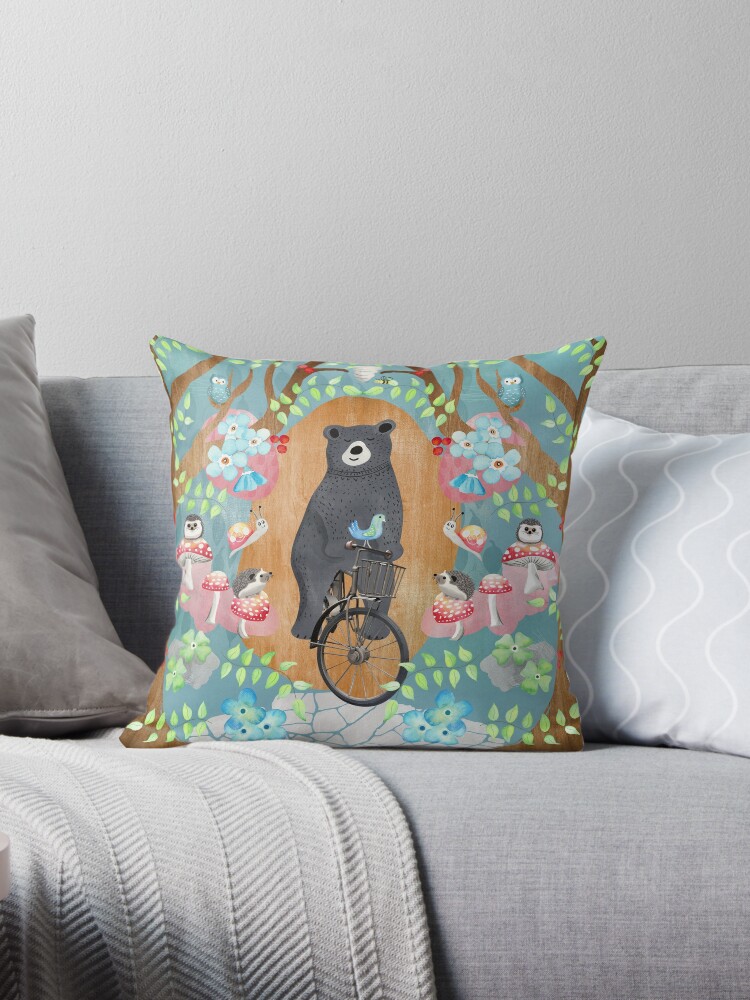 Bear Riding Bike With Forest Friends Throw Pillow By Studiocarrie Redbubble