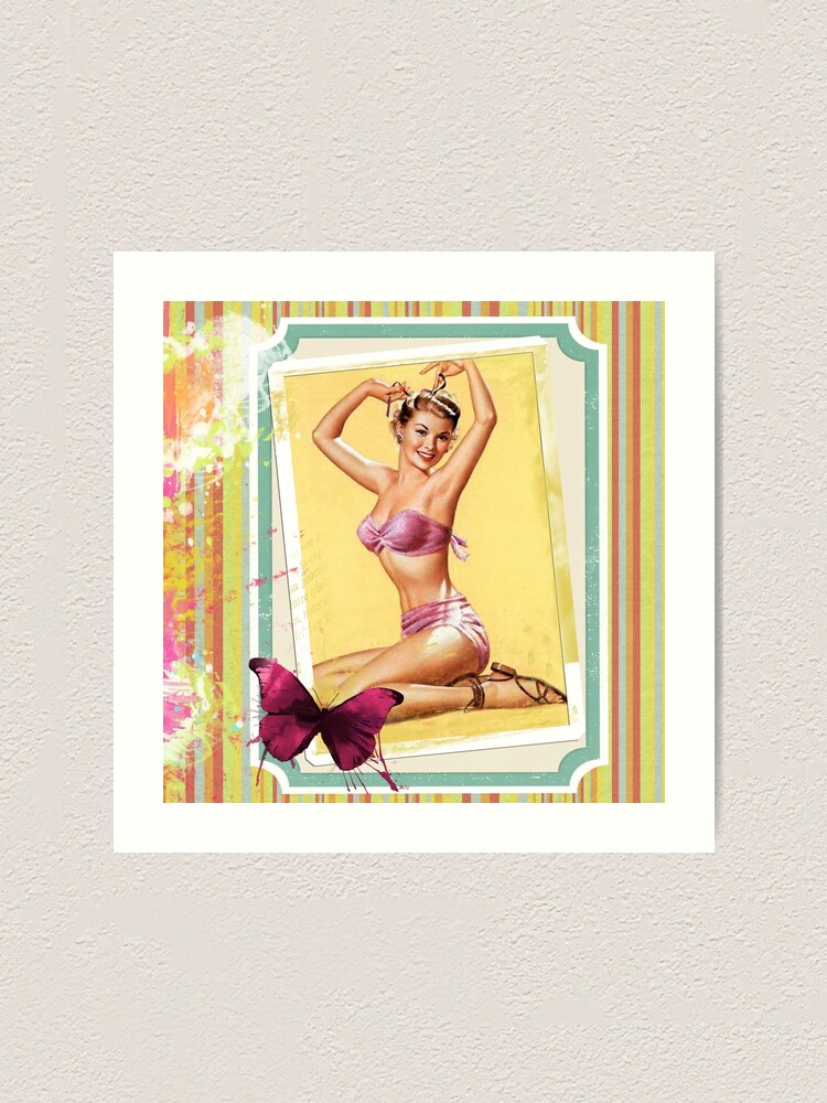 1940's Pin-up Girl in Pink Bathing Suit Art Print for Sale by