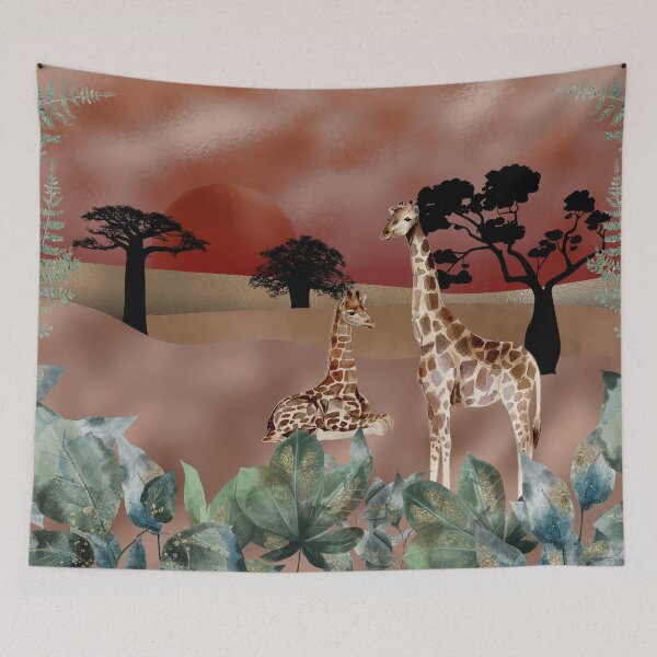 Item preview, Golden skies and desert plains, watercolor Giraffe couple, mixed media art, red, gold, rose gold and watercolor leaves designed and sold by Orianah.