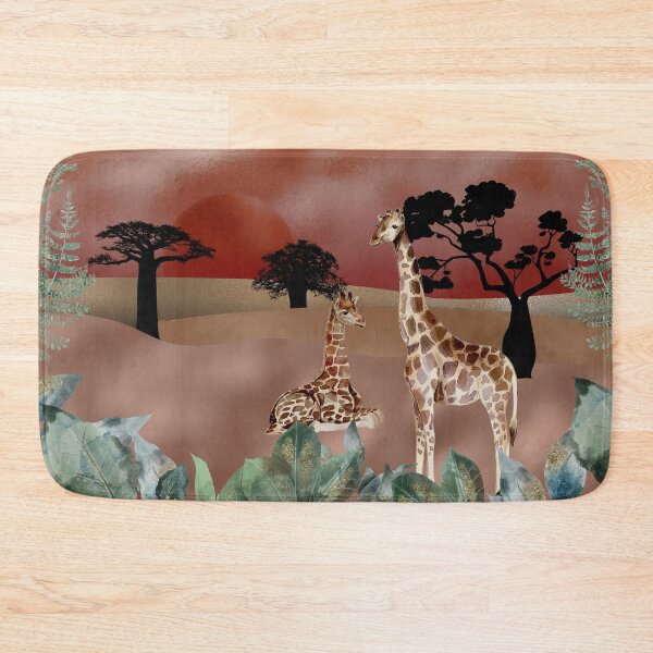 Item preview, Golden skies and desert plains, watercolor Giraffe couple, mixed media art, red, gold, rose gold and watercolor leaves designed and sold by Orianah.