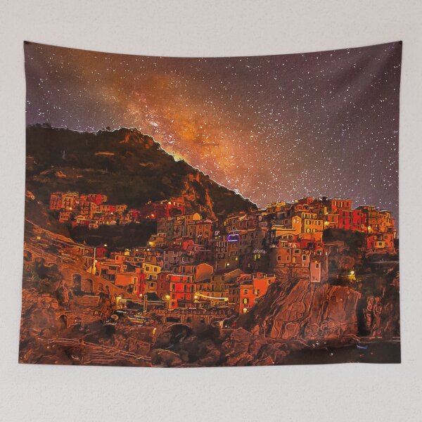 Item preview, Beautiful Manarola Cinque Terre Northern Italy by night, Manarola Cinque Terre Painting Art, Architecture Manarola Cinque Terre Aesthetic Wallpaper, Cinque Terre Italy Manarola Cityscape Village  designed and sold by Trendymotion.