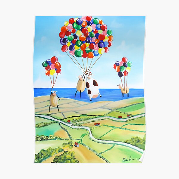 Up, up and away cow and sheep balloons Poster