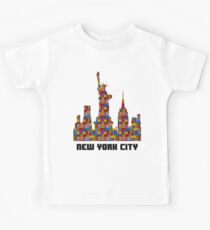 Statue of Liberty New York City Skyline Made With Lego Like Blocks Kids Tee