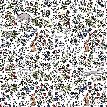Artwork thumbnail, Medieval Animals Mille Fleurs Pattern with White Background by LeopardyNonsense