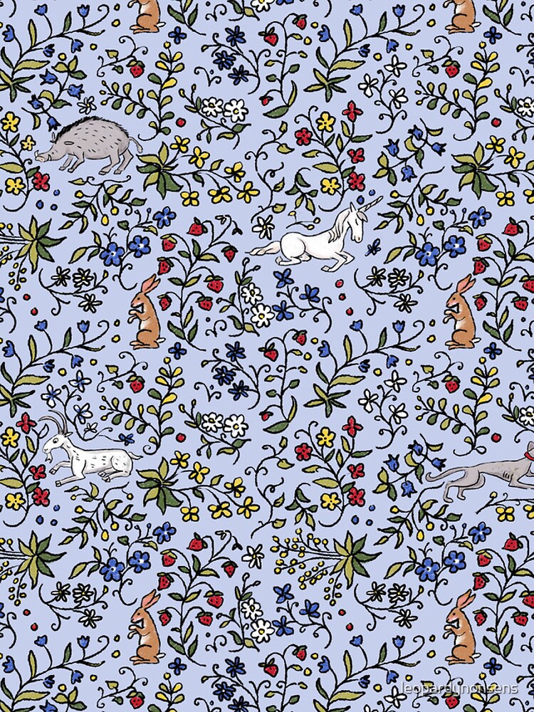 Medieval Animals Mille Fleurs Pattern with Blue Background by leopardynonsens