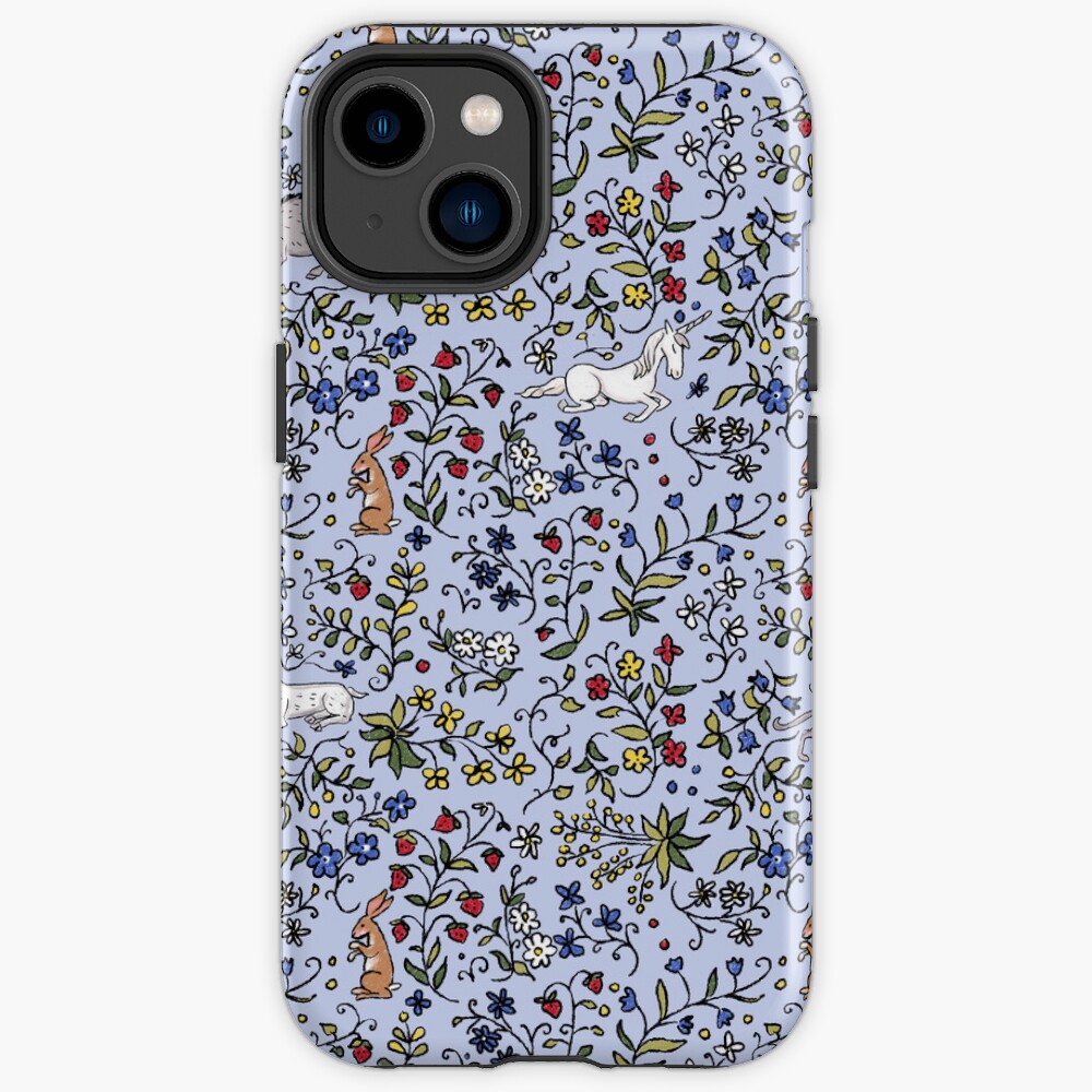 Medieval Animals Mille Fleurs Pattern with Blue Background iPhone Case