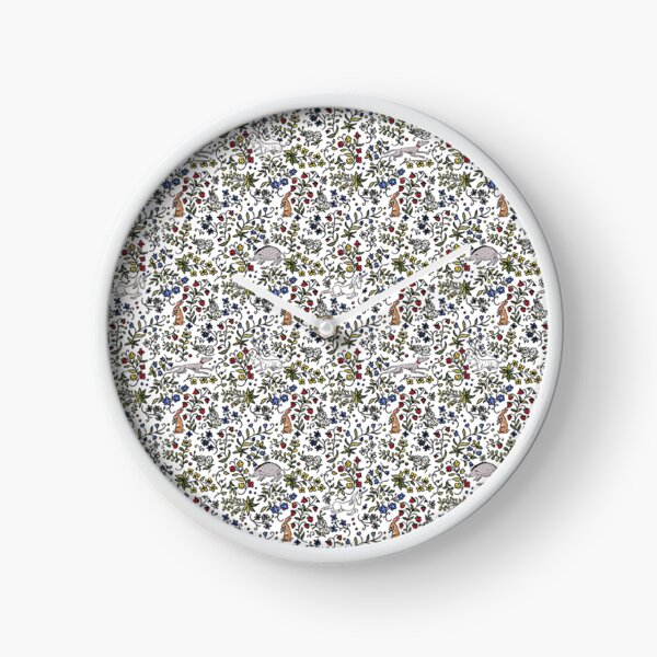 Medieval Animals Mille Fleurs Pattern with White Background Clock