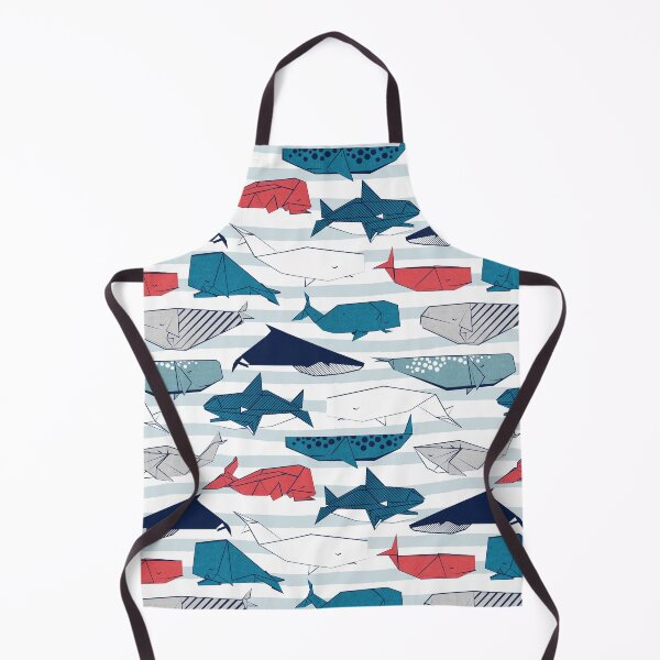 Item preview, Origami Sea // white and blue nautical stripes background teal white grey and red whales designed and sold by SelmaCardoso.