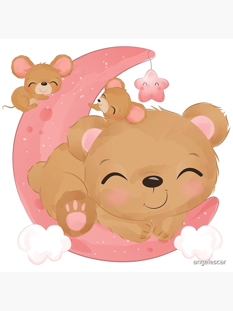 Cute Sleeping Bear Kawaii Style Drawing Gift Poster by Niks Shop