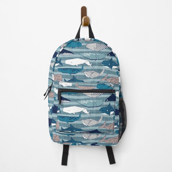 Origami Sea // linen texture and nautical stripes background teal white and taupe whales Backpack