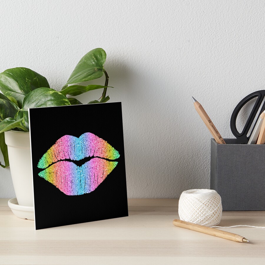 "Rainbow Kiss, lipstick on pouty kissing lips, fashion art" Art Board