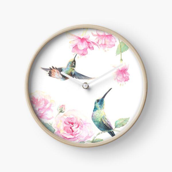 "Gift" - Watercolor Hummingbirds and Fuschia Clock