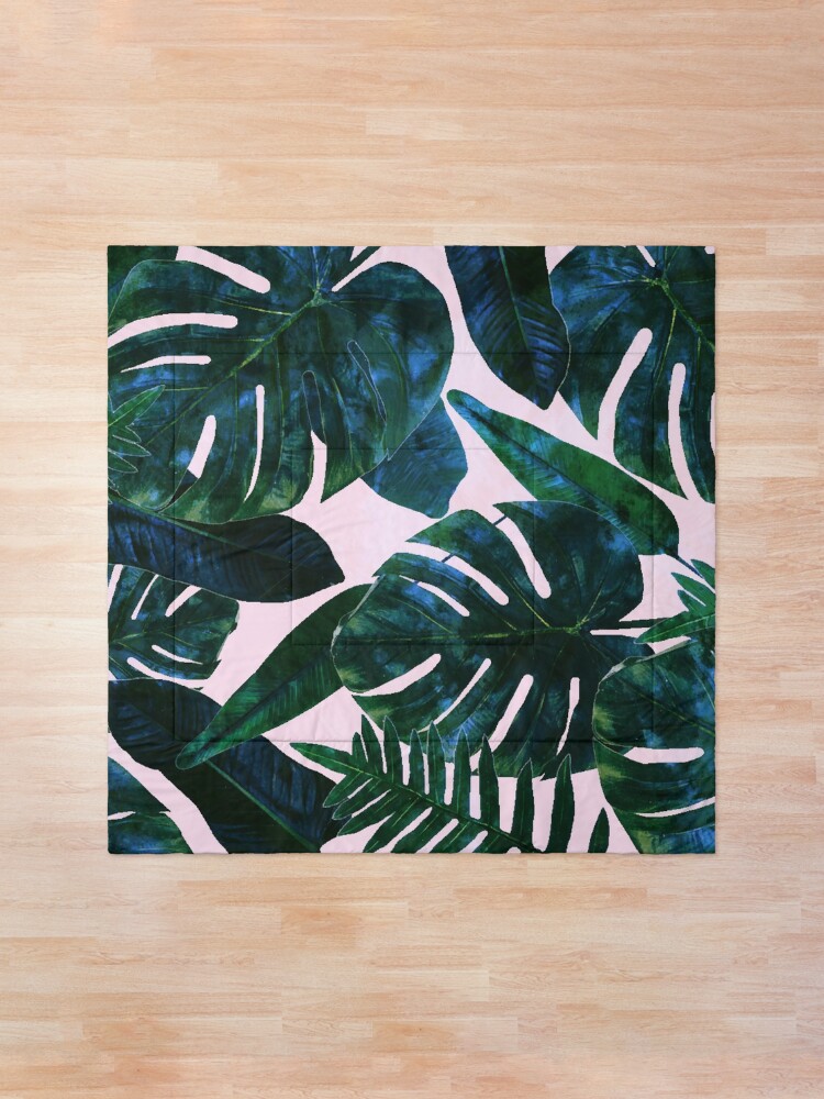 Alternate view of Perceptive Dream | Tropical Nature Botanical Plants Painting | Palm Monstera Banana Leaves Jungle Comforter
