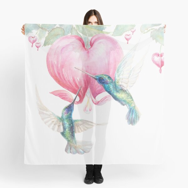 "Bleeding Heart" - watercolor hummingbirds and bleeding heart Scarf