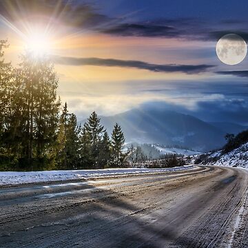 Artwork thumbnail, snowy road through spruce forest in mountains by mike-pellinni