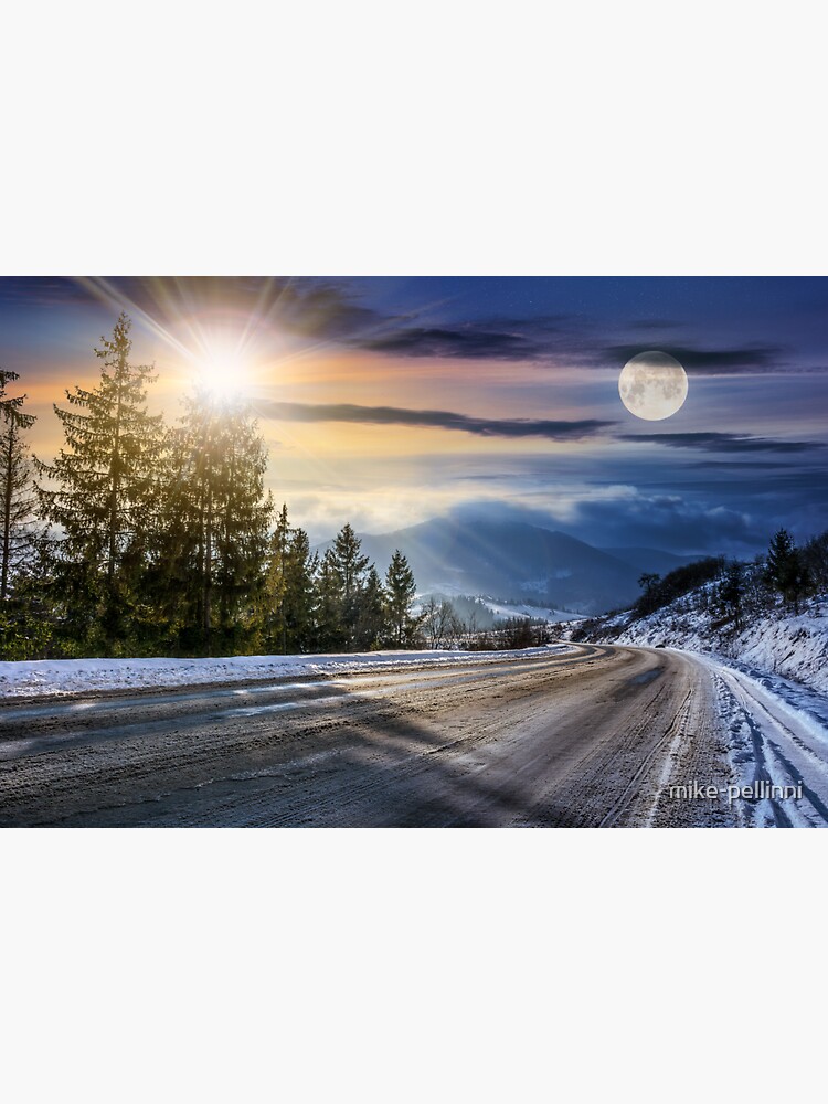 Thumbnail 3 of 3, Sticker, snowy road through spruce forest in mountains designed and sold by mike-pellinni.