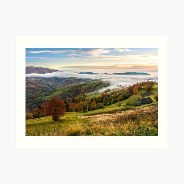foggy and hot sunrise in Carpathian mountains Art Print