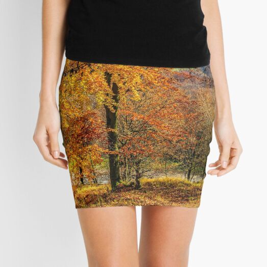 forest in red foliage on sunny autumn day Mini Skirt