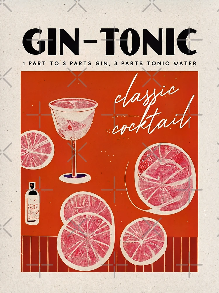 Gin Tonic Retro Cocktail Prints, betternotes Cinema Drinks, Wall Red | Poster for Vintage by Sale Poster Redbubble Bar Recipe, Art