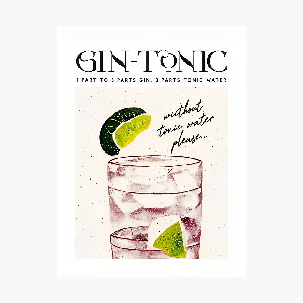 Gin Tonic Retro Cocktail Poster Order Bar Prints, Vintage Drinks, Recipe, Wall Art Poster