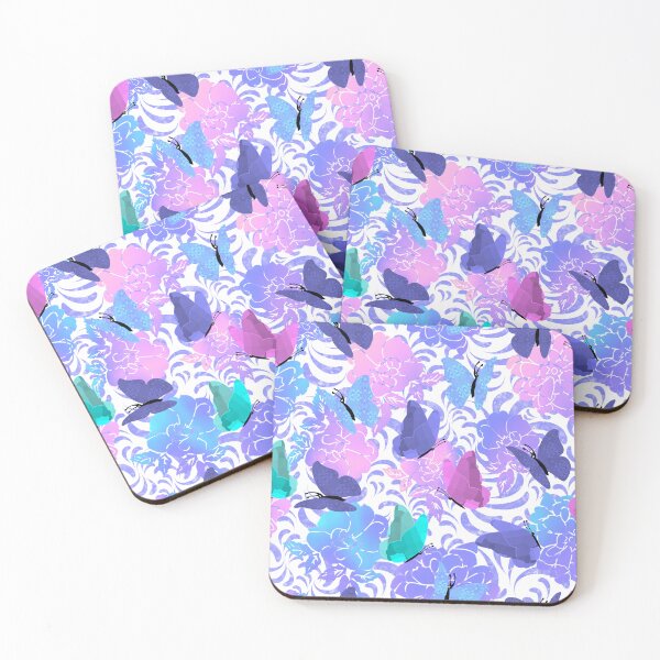 Item preview, Butterflies and Flowers Pink Blue Purple Cyan on White Half-Drop Repeat 5748 designed and sold by Art in My Loft.