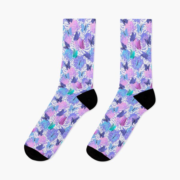 Item preview, Butterflies and Flowers Pink Blue Purple Cyan on White Half-Drop Repeat 5748 designed and sold by Art in My Loft.