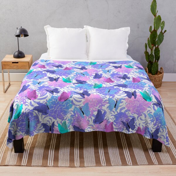 Item preview, Butterflies and Flowers Pink Blue Purple Cyan on White Half-Drop Repeat 5748 designed and sold by Art in My Loft.