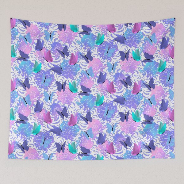 Item preview, Butterflies and Flowers Pink Blue Purple Cyan on White Half-Drop Repeat 5748 designed and sold by Art in My Loft.