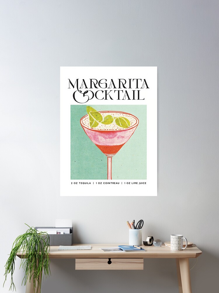 Margarita Retro Cocktail Poster Turquoise Bar Prints, Vintage Drinks, Recipe, Wall Art Poster