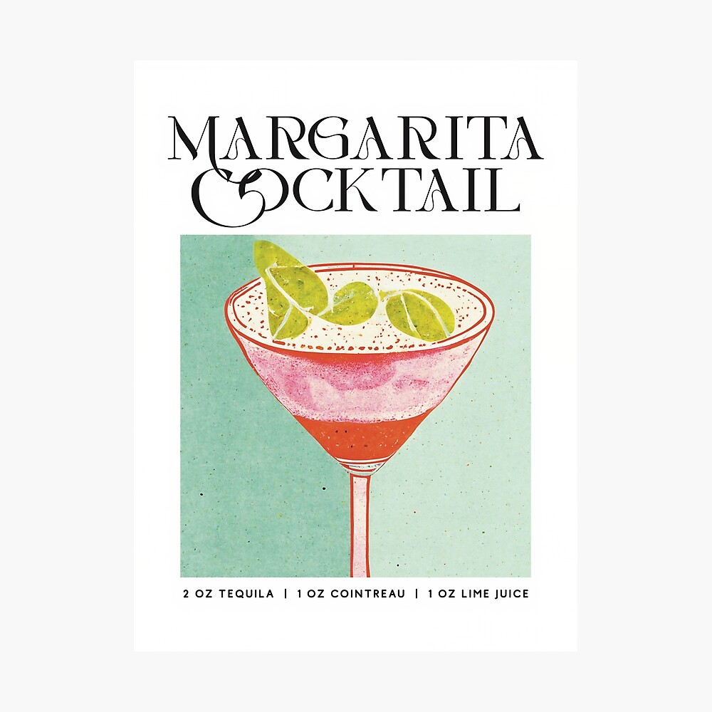 Margarita Retro Cocktail Poster Turquoise Bar Prints, Vintage Drinks, Recipe, Wall Art Poster