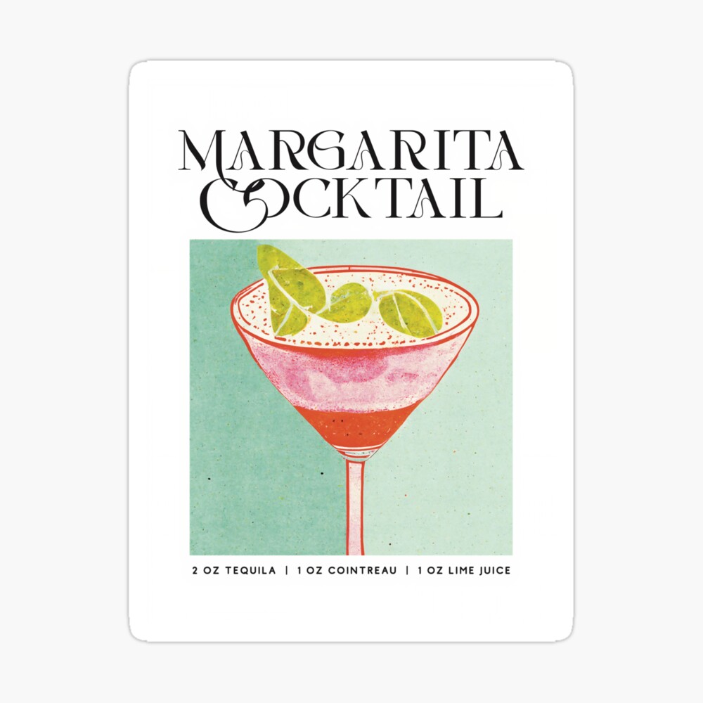 Margarita Retro Cocktail Poster Turquoise Bar Prints, Vintage Drinks, Recipe, Wall Art Poster