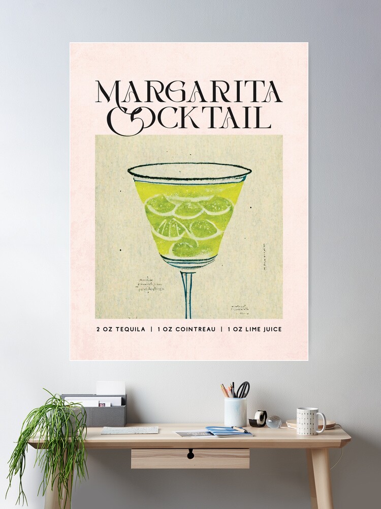 Margarita Retro Cocktail Poster Elegant Bar Prints, Vintage Drinks, Recipe, Wall Art Poster