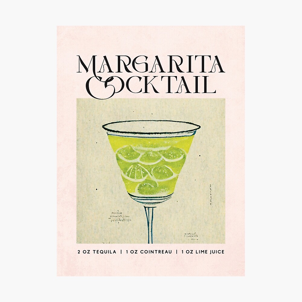 Margarita Retro Cocktail Poster Elegant Bar Prints, Vintage Drinks, Recipe, Wall Art Poster