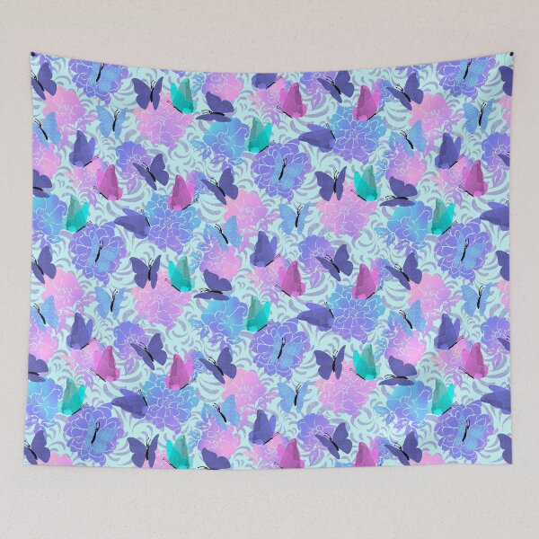 Item preview, Butterflies and Flowers Purple Swirls on Pale Cyan Half-Drop Repeat 5748 designed and sold by Art in My Loft.