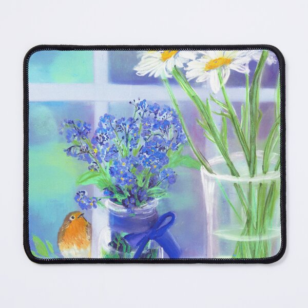 Item preview, Painting by Laura Rispoli Robin Peeking in Window Forget me Nots Daisies light designed and sold by Laura-Rispoli.