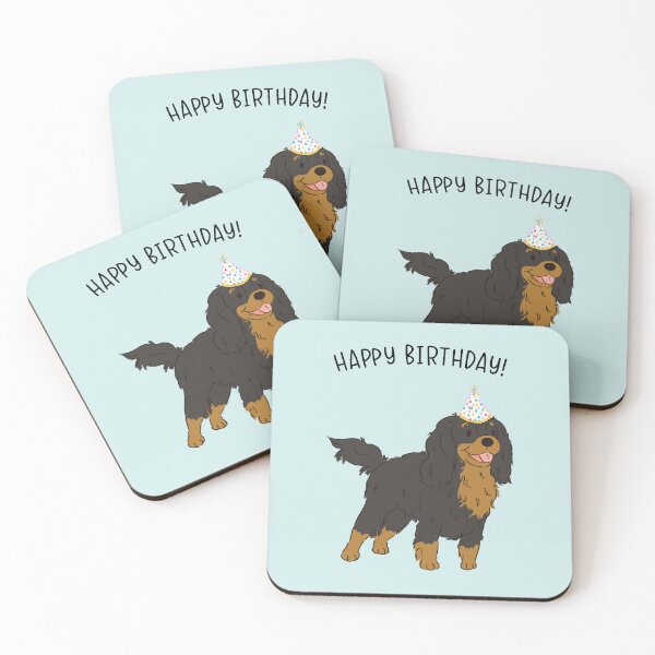 Aperçu de l'œuvre Joyeux anniversaire Cavalier King Charles Spaniel Cavie Dog noir et feu créée et vendue par thepawster.