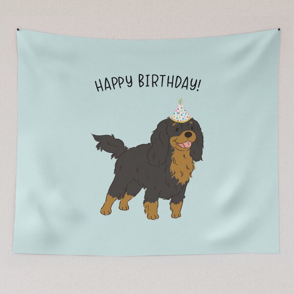 Aperçu de l'œuvre Joyeux anniversaire Cavalier King Charles Spaniel Cavie Dog noir et feu créée et vendue par thepawster.