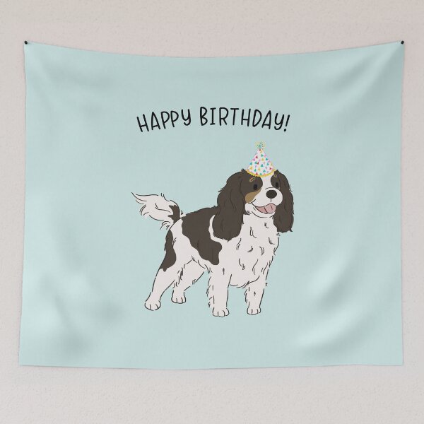 Aperçu de l'œuvre Tricolore Cavalier King Charles Spaniel Cavie Chien Joyeux Anniversaire créée et vendue par thepawster.