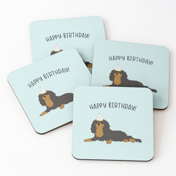 Aperçu de l'œuvre Cavalier King Charles Spaniel noir et feu Cavie Dog Joyeux anniversaire créée et vendue par thepawster.