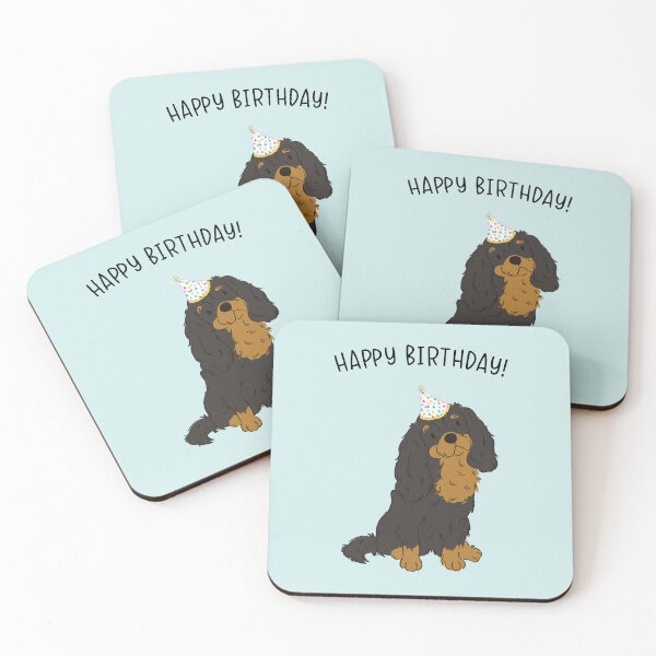 Aperçu de l'œuvre Joyeux anniversaire Cavalier King Charles Spaniel Cavie Dog noir et feu créée et vendue par thepawster.