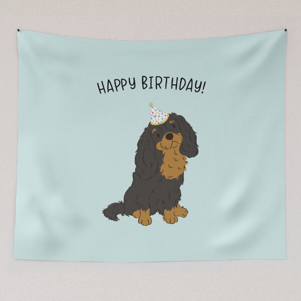 Aperçu de l'œuvre Joyeux anniversaire Cavalier King Charles Spaniel Cavie Dog noir et feu créée et vendue par thepawster.