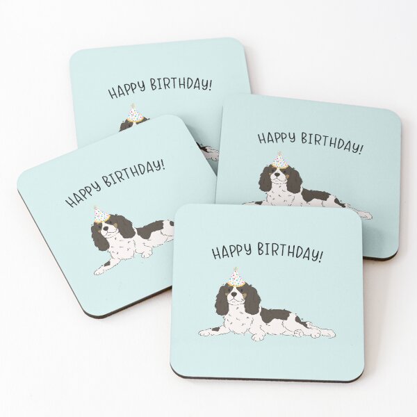 Aperçu de l'œuvre Tricolore Cavalier King Charles Spaniel Cavie Chien Joyeux Anniversaire créée et vendue par thepawster.